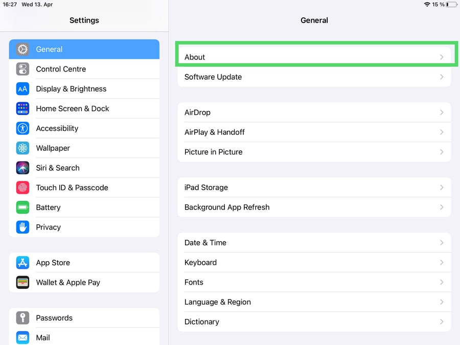 Settings iPad - Find out Model EN 01