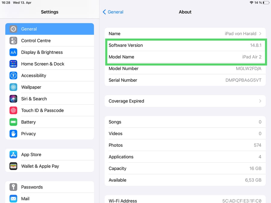 Settings iPad - Find out Model EN 02