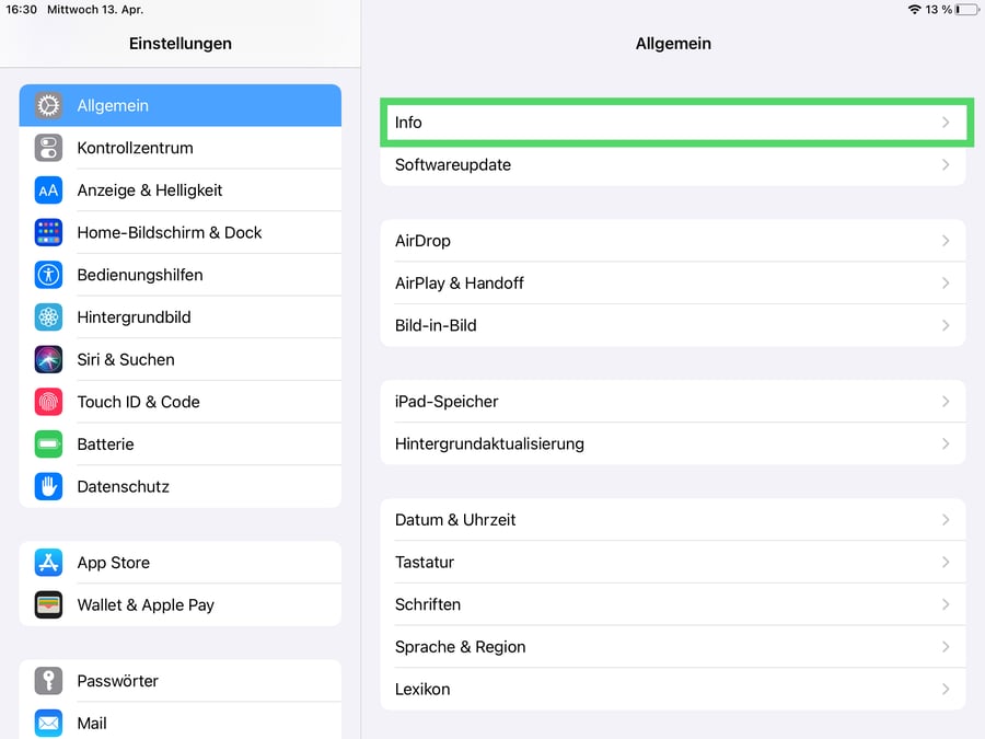 Settings iPad - Find out Model GE 01