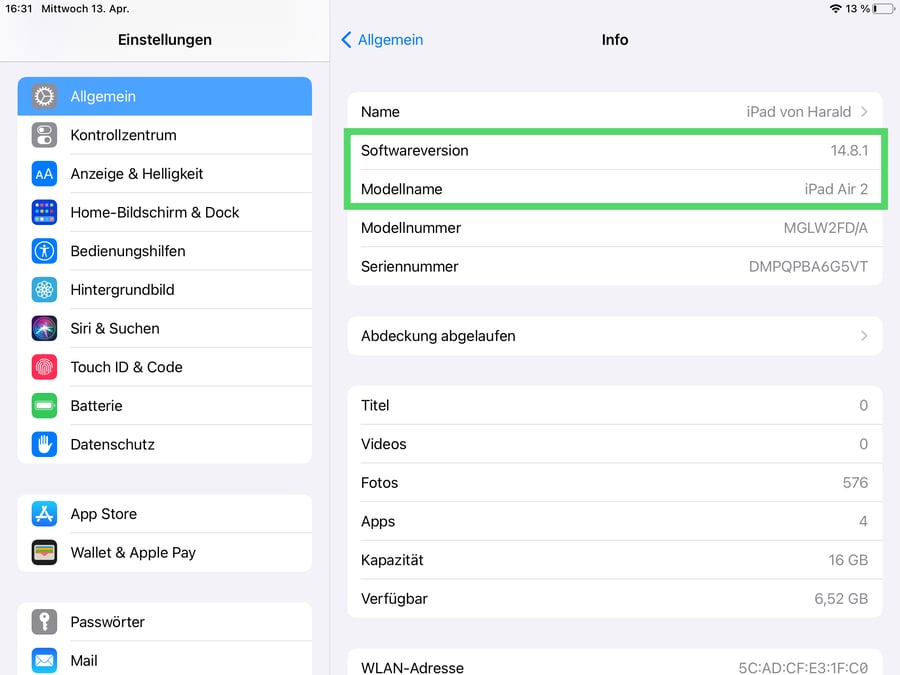 Settings iPad - Find out Model GE 02