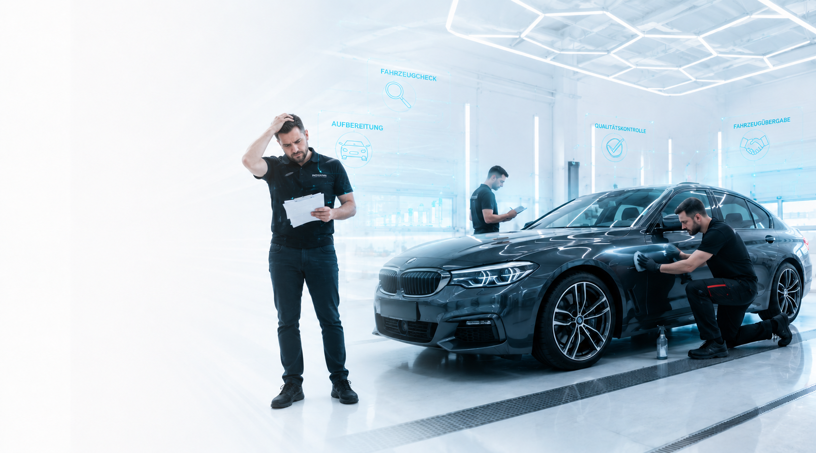 Mitarbeiter in einem hellen Reconditioning-Betrieb bei der Fahrzeugaufbereitung